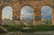 View through three northwest arches of the Colosseum in Rome.Storm gathering over the city (mk09), Christoffer Wilhelm Eckersberg